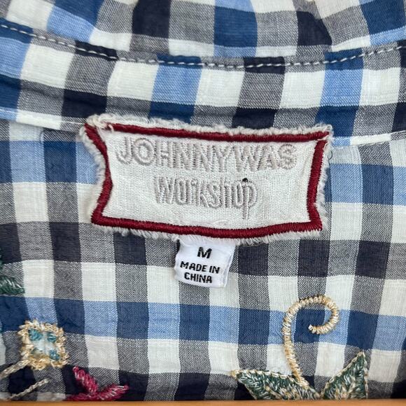 Johnny Was Taryn Ruffle Sleeve Women Tunic Size M Blue Gingham Floral Embroidery - Picture 7 of 8